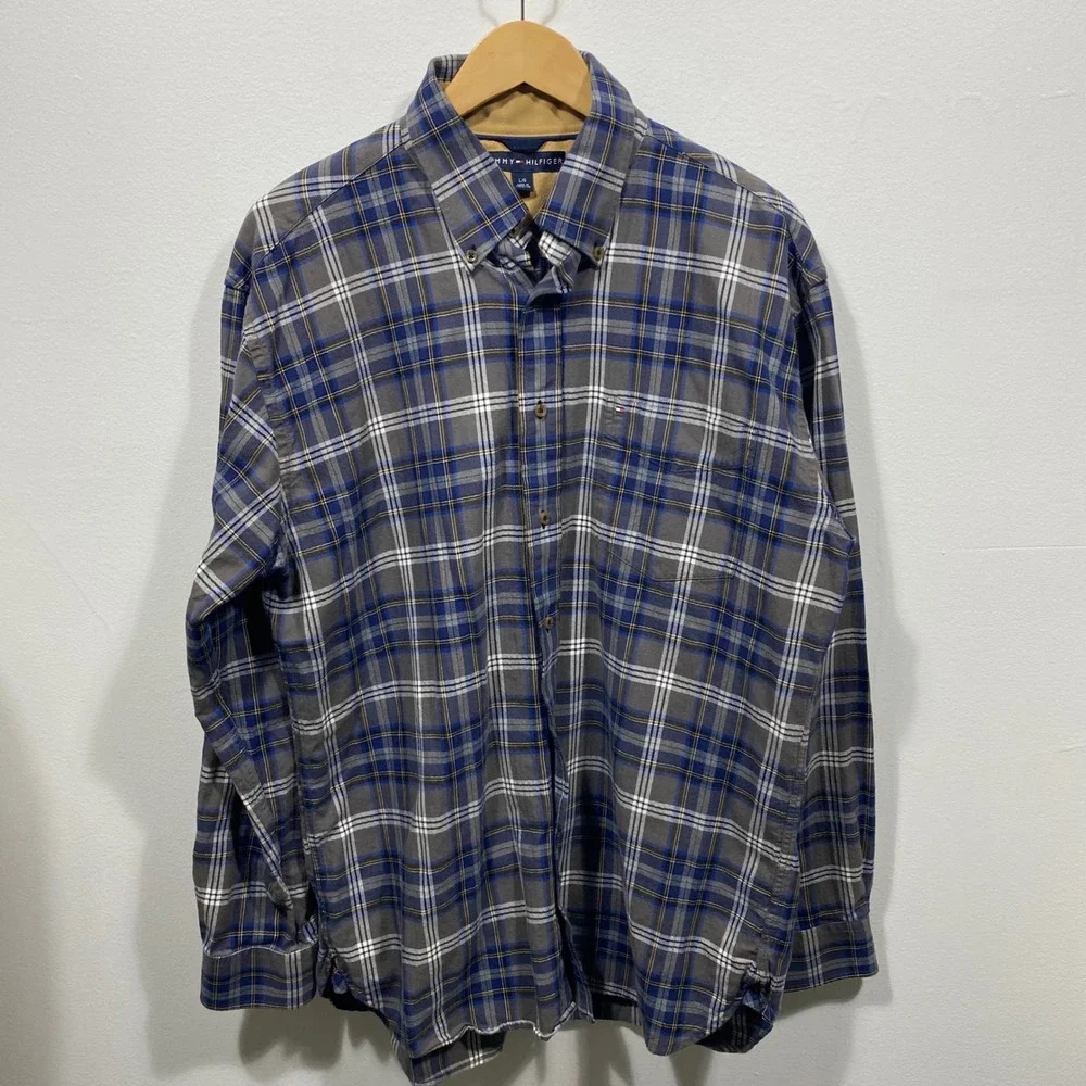 Tommy Hilfiger Blue Gray Plaid Button‎ Up Long Sleeve Casual Shirt Mens Large